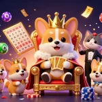 Experience the excitement of ringbet88 with vibrant casino-themed elements, including lottery balls and a royal corgi.
