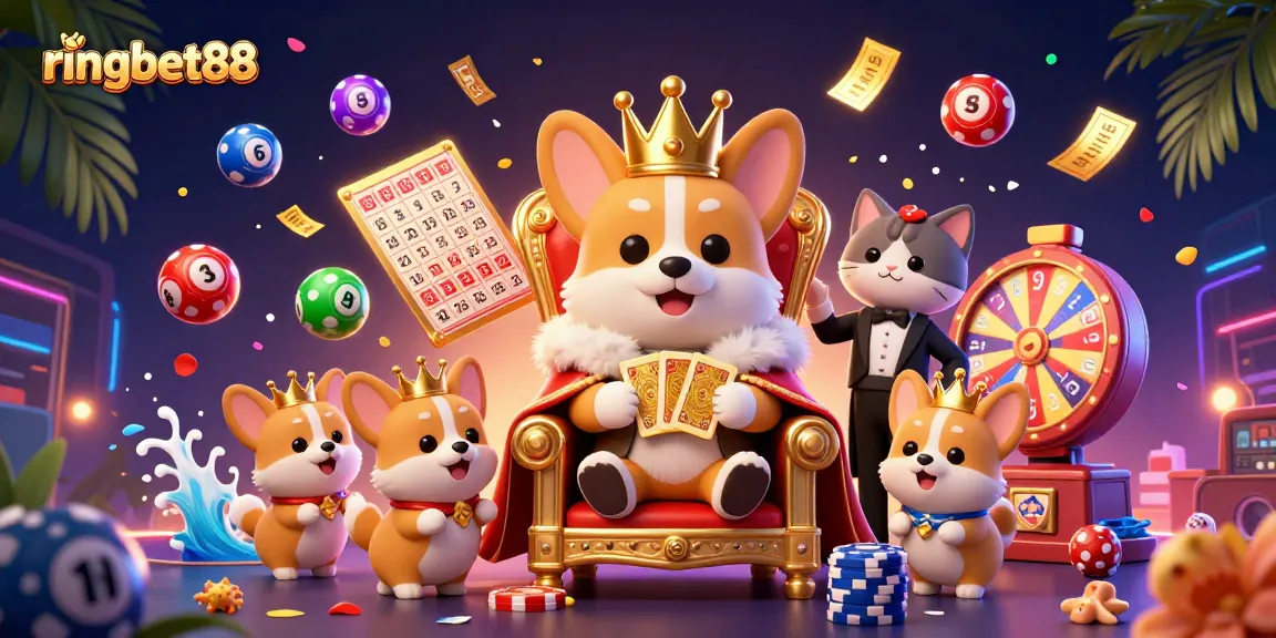 Experience the excitement of ringbet88 with vibrant casino-themed elements, including lottery balls and a royal corgi.