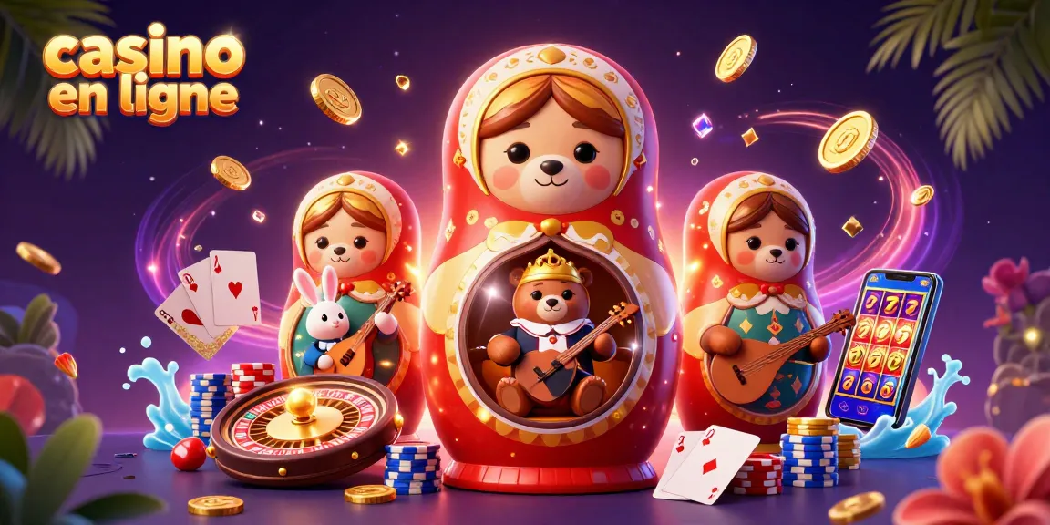 Casino en ligne : Profitez de l'animation de jeux avec des ours Matryoshka et un lapin au balalaïka.
