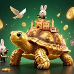 Experience the thrill of 33win with a golden tortoise casino and crypto elements in a vibrant 3D illustration.