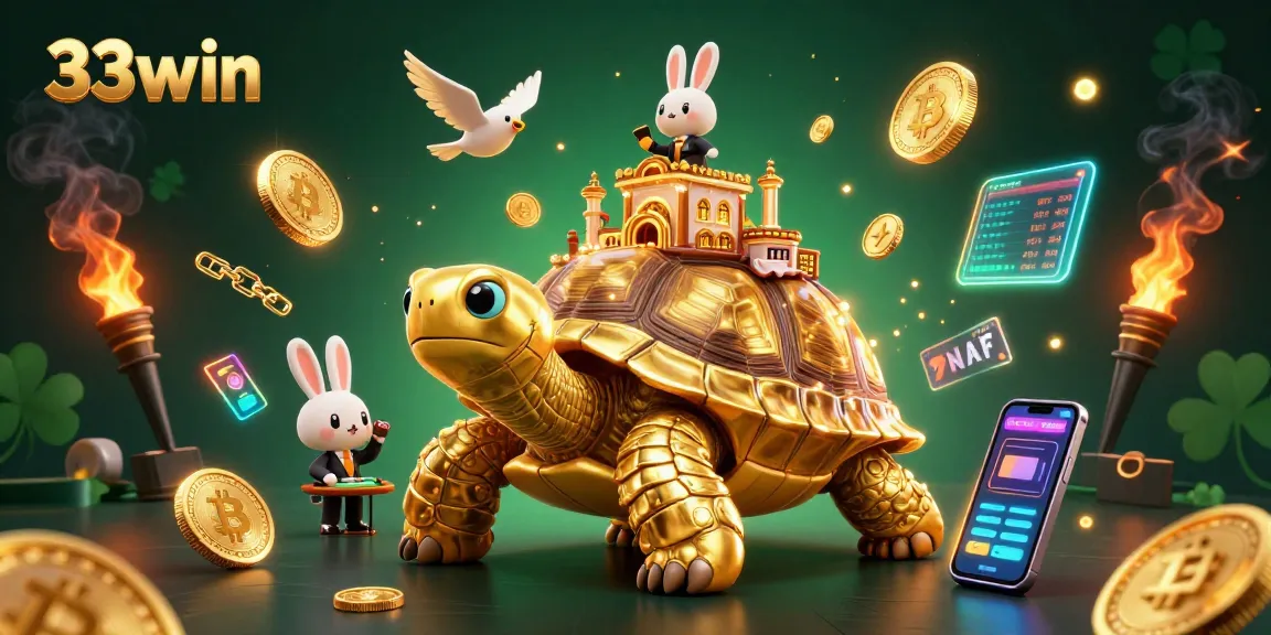 Experience the thrill of 33win with a golden tortoise casino and crypto elements in a vibrant 3D illustration.