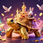 Spin exciting slot games with golden tortoises and playful rabbit dealer at a bustling casino.