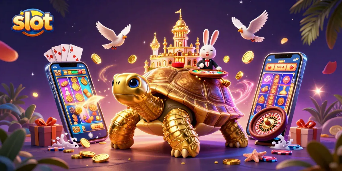 Spin exciting slot games with golden tortoises and playful rabbit dealer at a bustling casino.