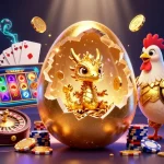 Sky88 captures the excitement of casino gaming with a golden dragon and animated slot game elements.