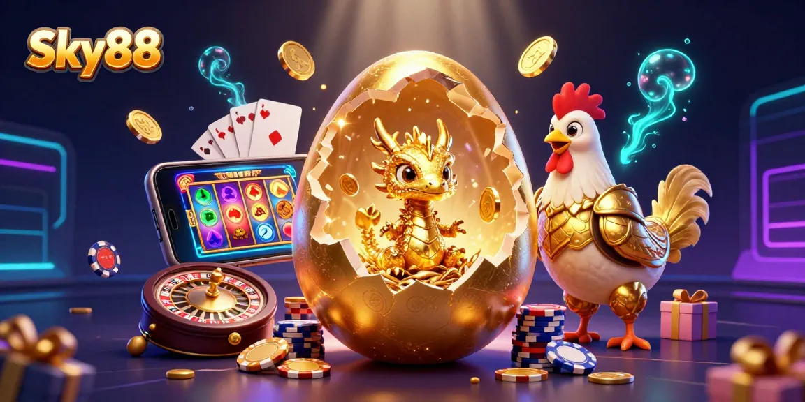 Sky88 captures the excitement of casino gaming with a golden dragon and animated slot game elements.