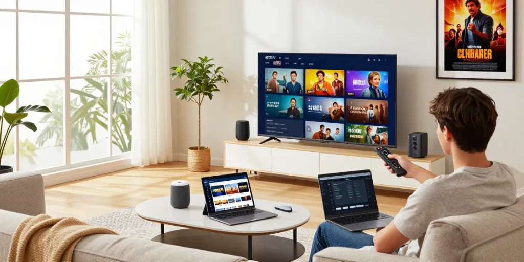 IpTV Deutsch Einrichtung in modernem Wohnzimmer mit Streaming-Inhalten auf dem großen Bildschirm.
