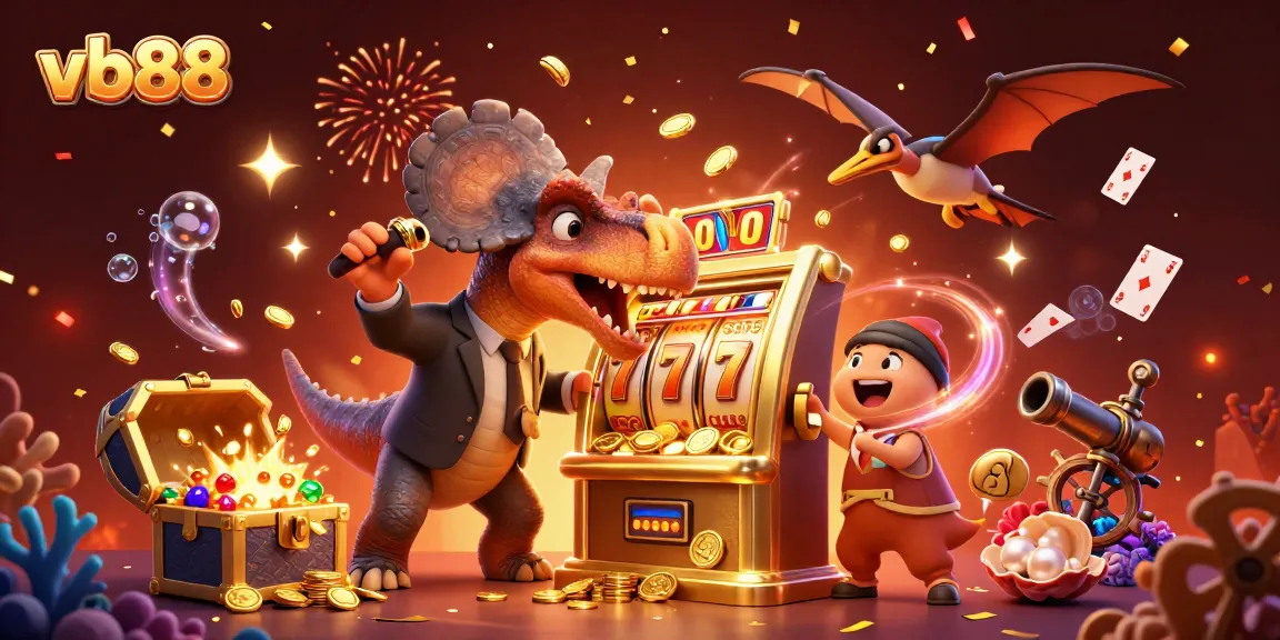 Experience big wins at vb88 with a dynamic casino scene featuring epic characters and slot icons.