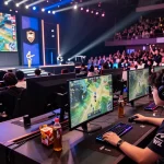 Esports competitors engaged in the NAGA2000 tournament in a vibrant arena setting.