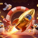 Spin the reels at situs spaceman88, featuring a dynamic 3D penguin and golden casino elements.