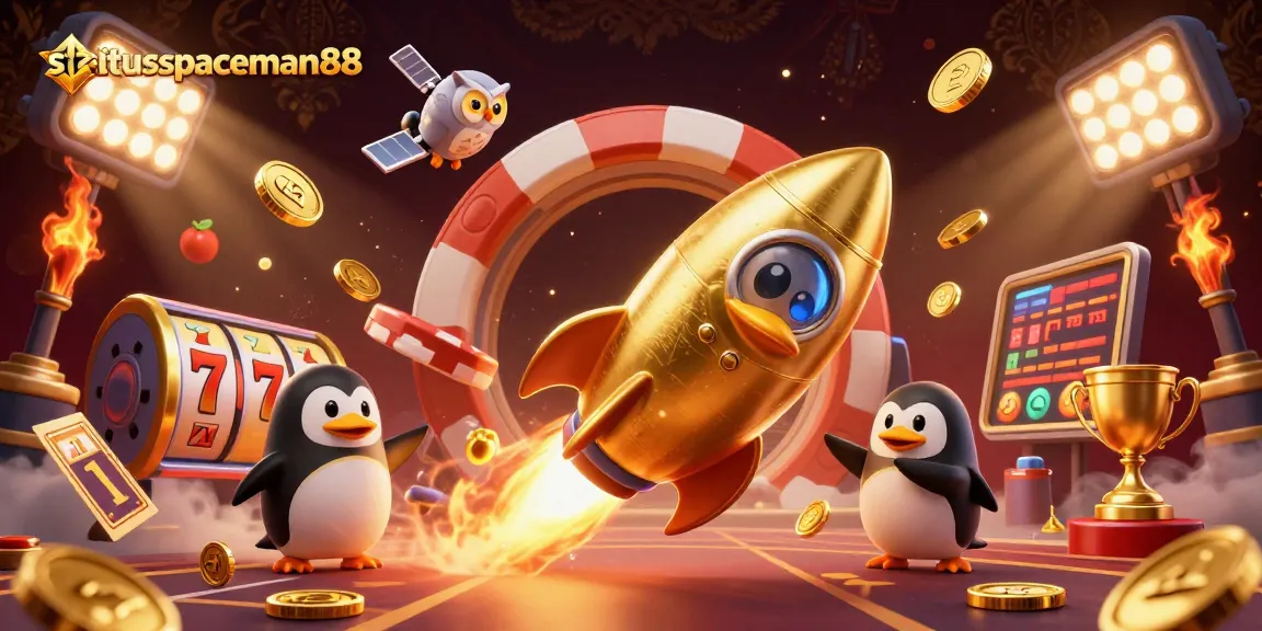 Spin the reels at situs spaceman88, featuring a dynamic 3D penguin and golden casino elements.