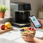 Individual using best calorie tracking apps to log breakfast in a modern kitchen.