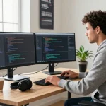 Innovative software engineer coding with sc88 applications at a modern workspace.