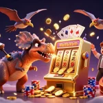 Capture the excitement of slot bet kecil as a dinosaur interacts with a golden slot machine for jackpots.