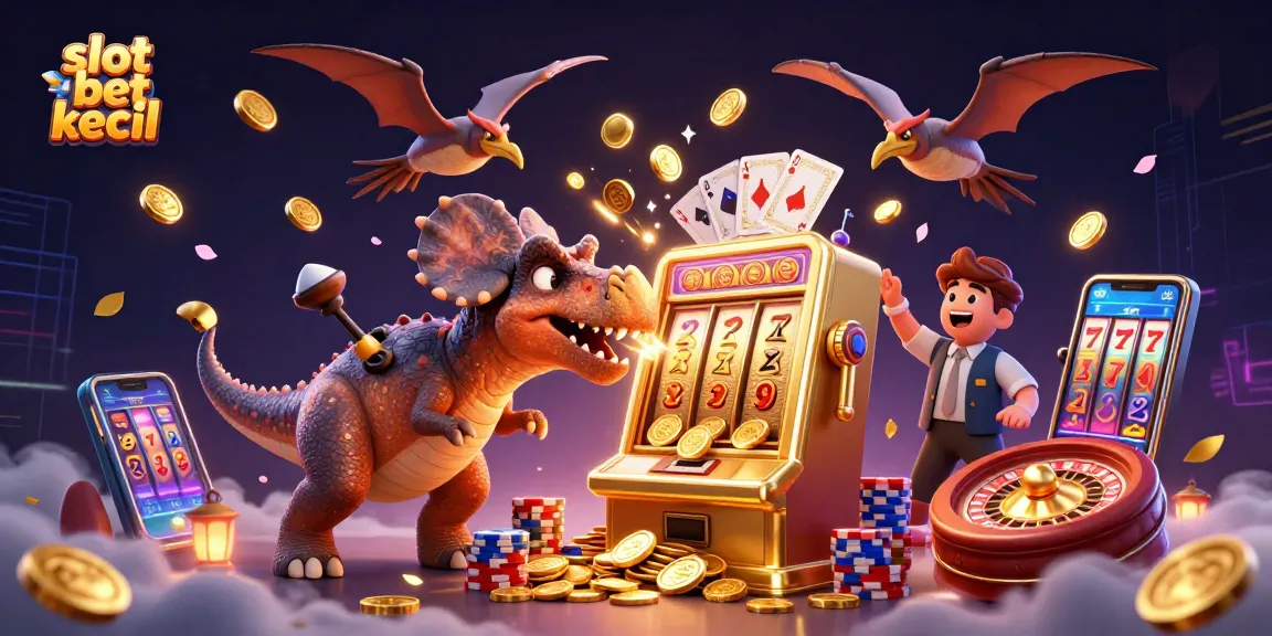Capture the excitement of slot bet kecil as a dinosaur interacts with a golden slot machine for jackpots.