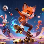 Jouez à casino en ligne argent réel avec un renard skate et un lapin BMX entourés de jetons dorés.