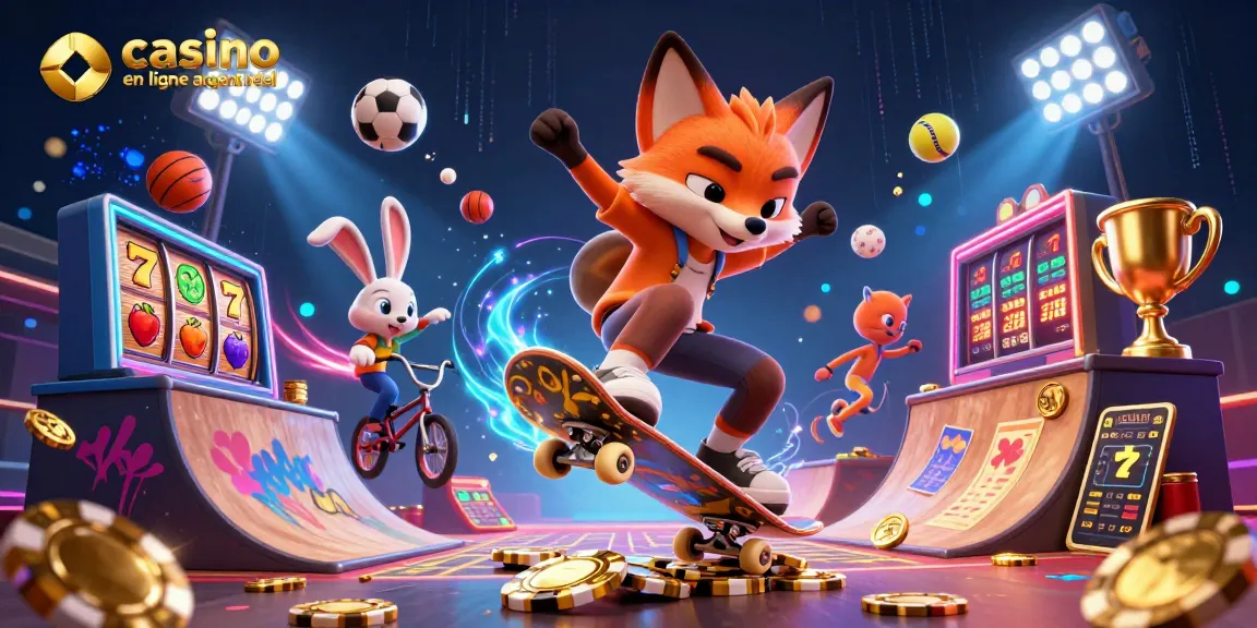 Jouez à casino en ligne argent réel avec un renard skate et un lapin BMX entourés de jetons dorés.