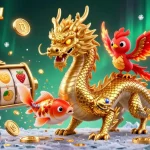 Experience the excitement of popotogel with a vibrant scene showcasing a golden dragon amidst coins and crypto elements.