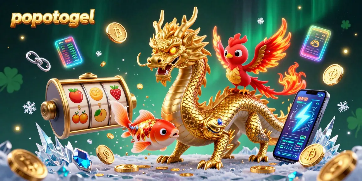 Experience the excitement of popotogel with a vibrant scene showcasing a golden dragon amidst coins and crypto elements.
