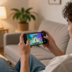 Pengguna ufo777 sedang menikmati pengalaman bermain game di rumah dengan smartphone, suasana ruangan yang nyaman.