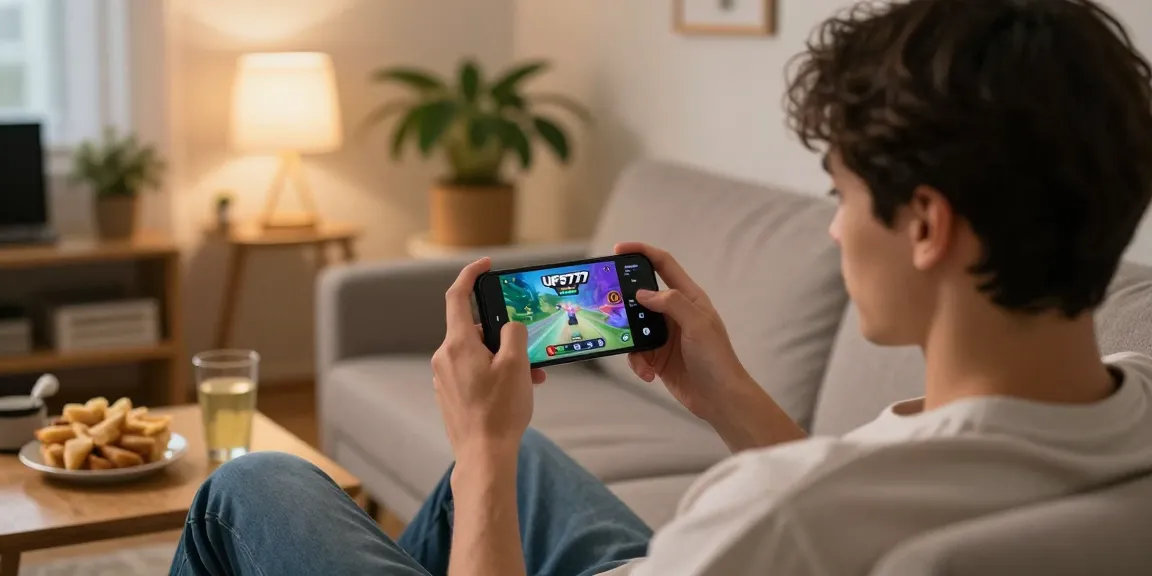 Pengguna ufo777 sedang menikmati pengalaman bermain game di rumah dengan smartphone, suasana ruangan yang nyaman.