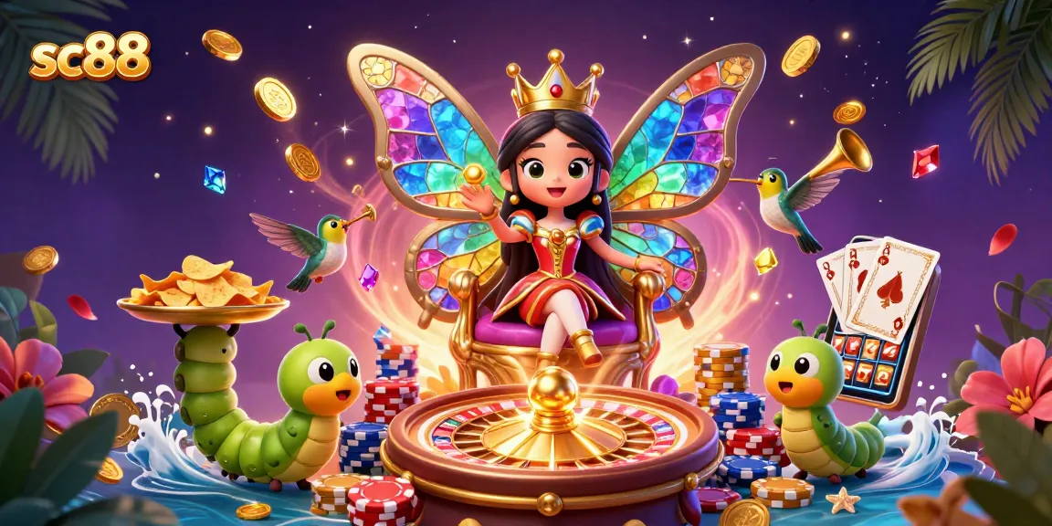 Experience vibrant gaming with the sc88 butterfly queen amidst spinning roulette and poker elements.