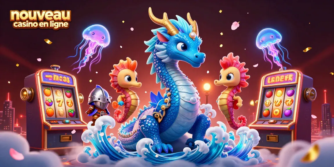 Lancez-vous dans l'univers captivant des nouveaux casinos en ligne avec un dragon azur et des éléments de jeu vibrants.