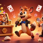 Experience excitement at LUCKY77 with lively hyenas in a dynamic casino scene, mixing drinks and telling jokes.
