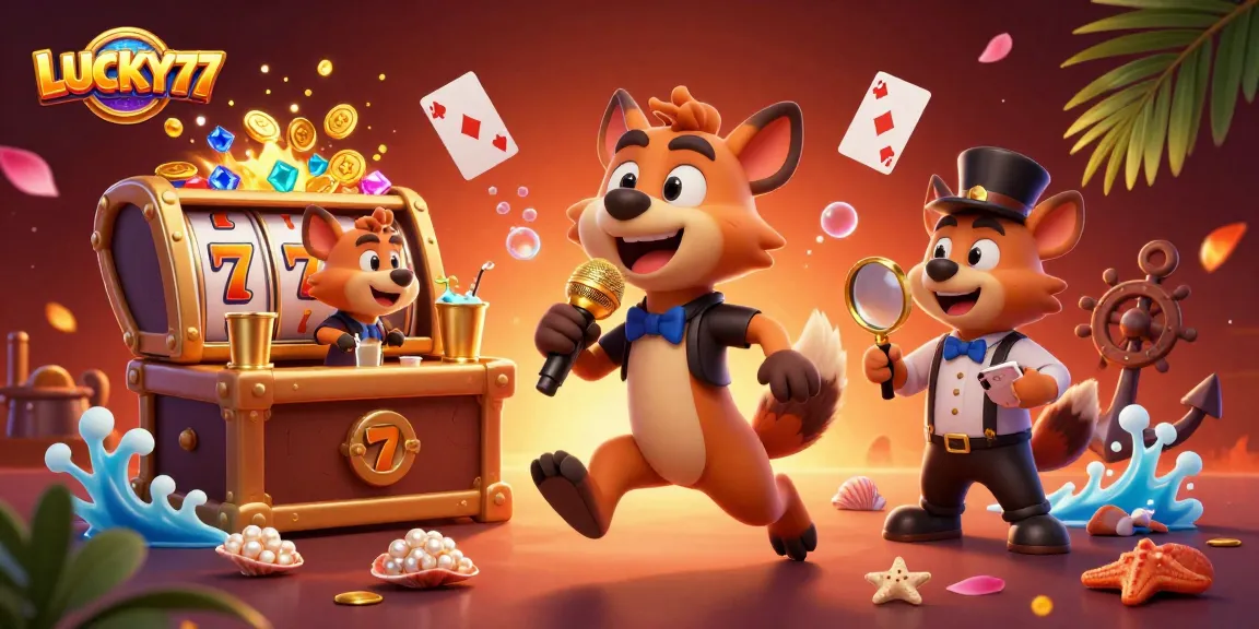 Experience excitement at LUCKY77 with lively hyenas in a dynamic casino scene, mixing drinks and telling jokes.