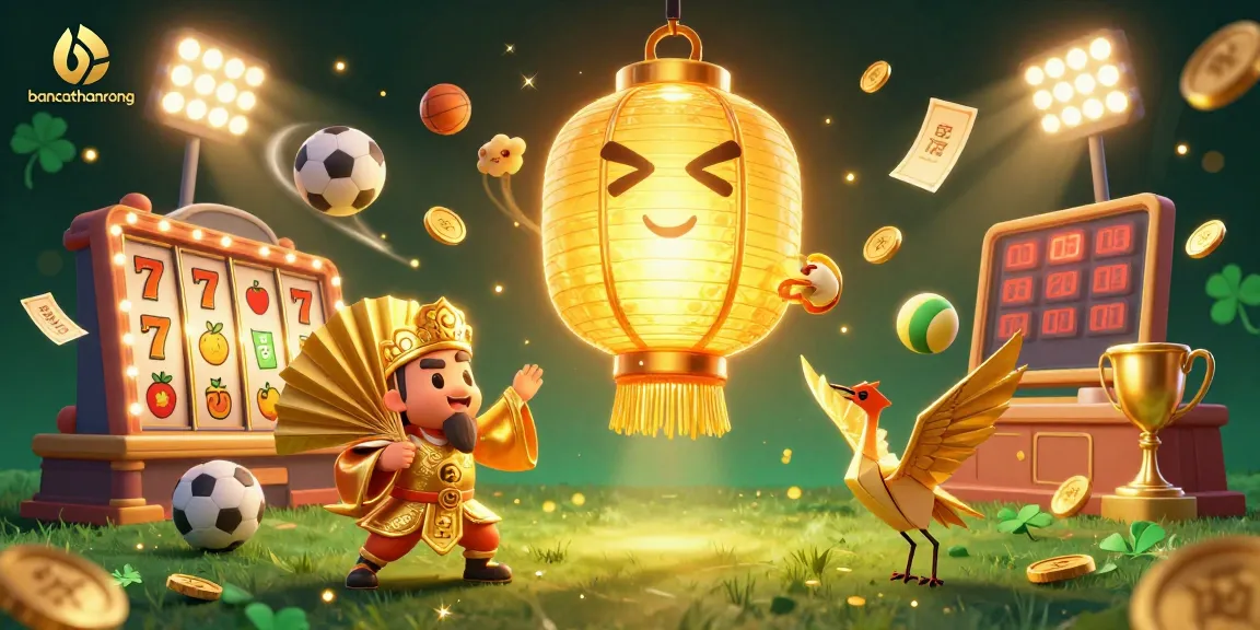 bancathanrong brings fortune with a glowing lantern spirit above a vibrant night market casino, showcasing luck and excitement.