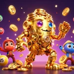 Visualisez un casino en ligne suisse avec un golem doré et des éléments de loterie captivants.