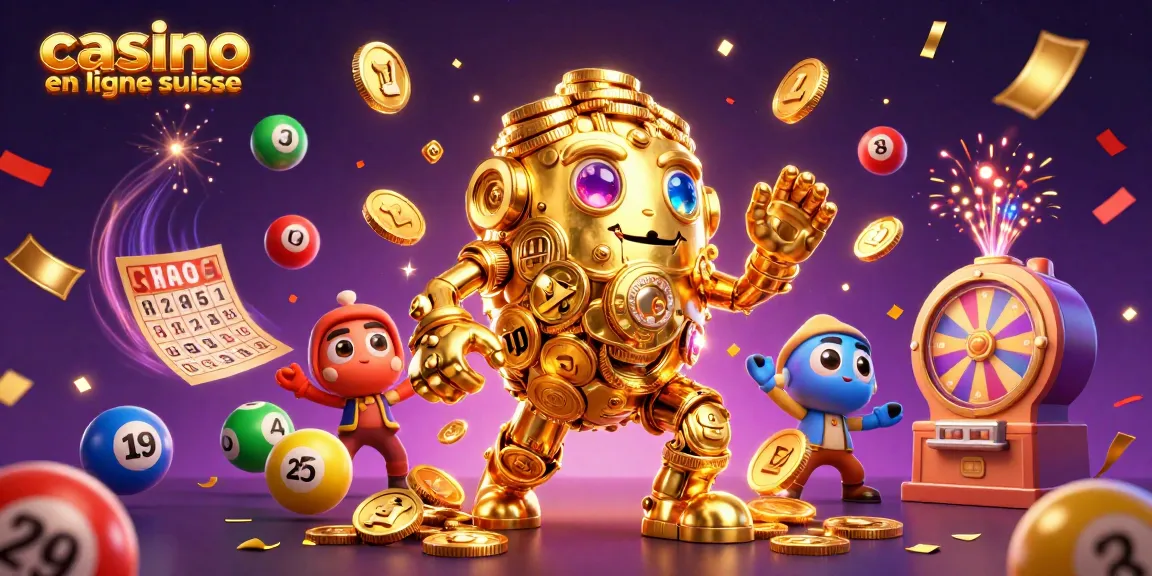 Visualisez un casino en ligne suisse avec un golem doré et des éléments de loterie captivants.
