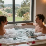 Relaxing in a jacuzzi privatif Toulouse, a romantic escape with cozy ambiance and luxurious spa setting.