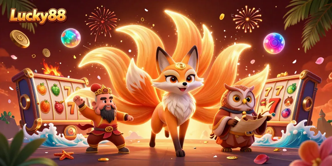 Experience Lucky88 casino thrills with animated characters, slot reels, and vibrant festive elements.