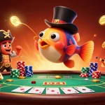 Attract golden coins with 7J777 in a lively cartoon casino scene filled with poker elements.