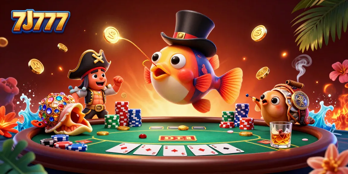 Attract golden coins with 7J777 in a lively cartoon casino scene filled with poker elements.