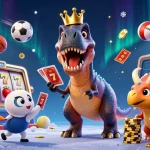 Contenu de casino en ligne avec un T-Rex jouant aux cartes et un triceratops empilant des jetons d'or.