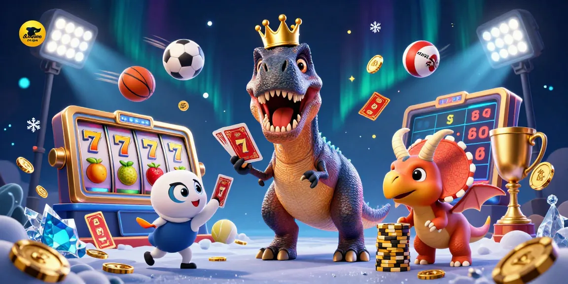 Contenu de casino en ligne avec un T-Rex jouant aux cartes et un triceratops empilant des jetons d'or.