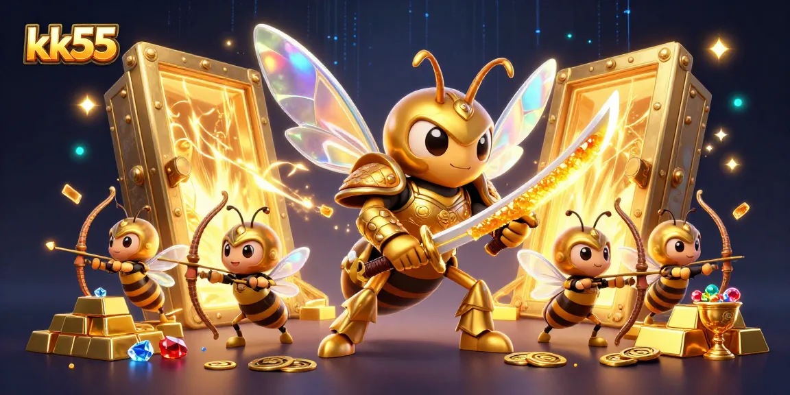 Engage with kk55's vibrant gaming experiences featuring a golden hornet warrior and treasure elements.