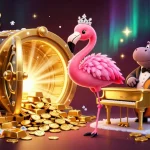 Illustration vibrante de casino en ligne avec chanteuse flamant et musicien hippopotame