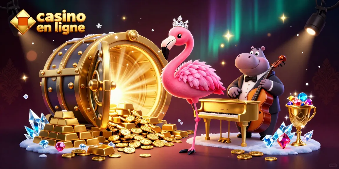 Illustration vibrante de casino en ligne avec chanteuse flamant et musicien hippopotame