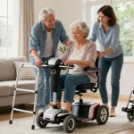 Woman using medical mobility equipment in a warm family setting, enhancing independence.