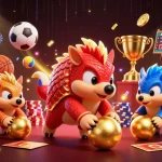 OP88 pangolins competing in a vibrant casino scene filled with golden rewards and sports elements.