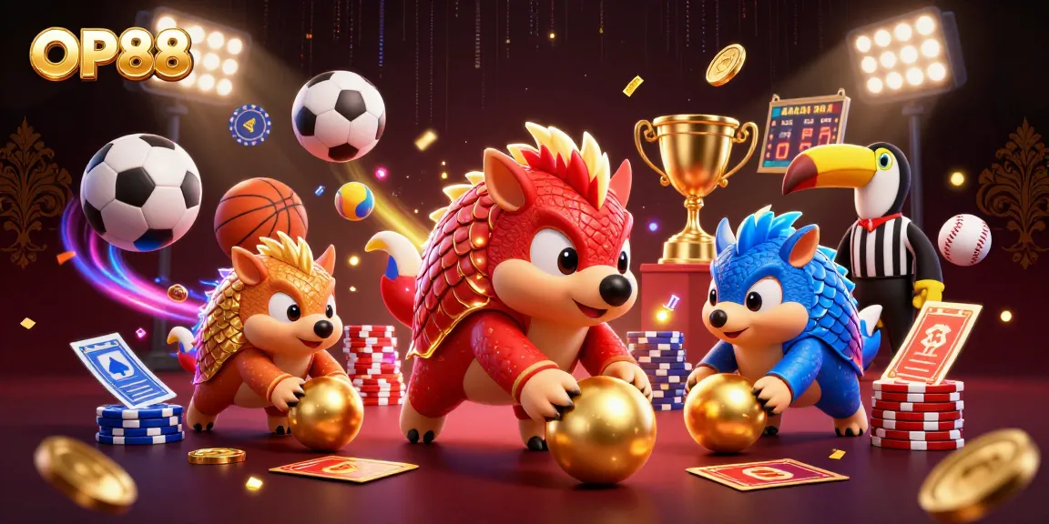 OP88 pangolins competing in a vibrant casino scene filled with golden rewards and sports elements.