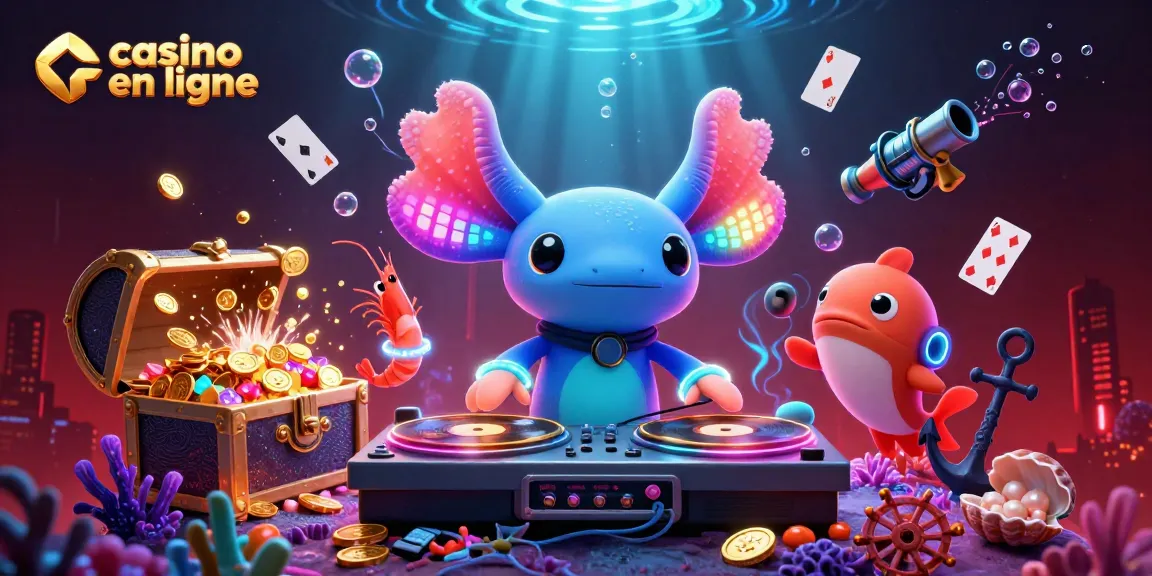 Casino en ligne : Animation vibrant d'un DJ axolotl et ses amis dans un univers sous-marin ludique.