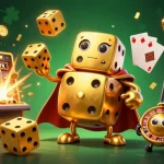 Admin 77 showcases a golden dice golem with animated expressions, juggling dice in a casino scene.