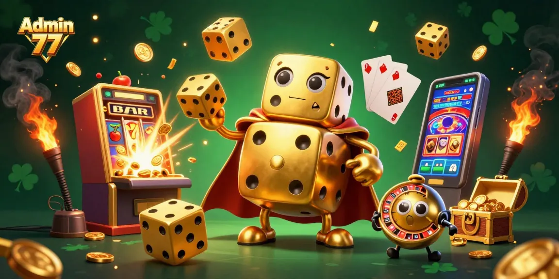 Admin 77 showcases a golden dice golem with animated expressions, juggling dice in a casino scene.