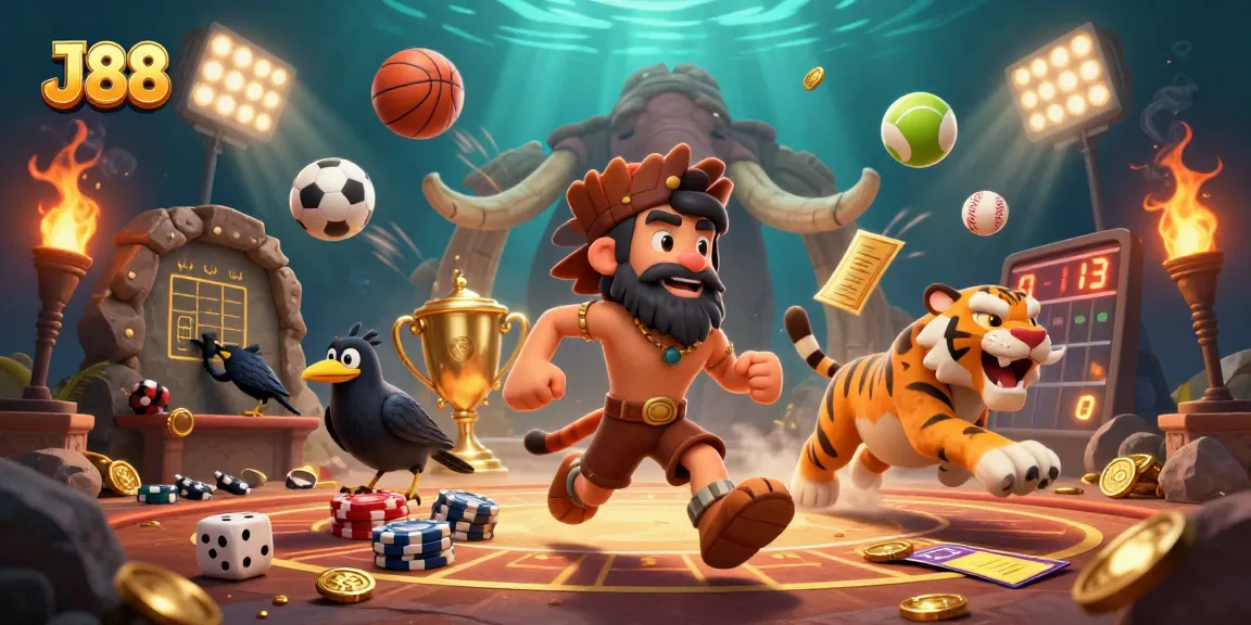 Experience immersive fun at J88 with a dynamic prehistoric casino scene featuring engaging game elements.