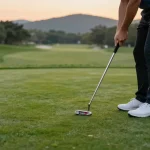Latihan golf di lapangan hijau dengan putter dari https://puttperfection.com/putter-reviews, menciptakan momen Putt Perfection.