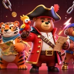 Profitez des jeux au casino en ligne avec notre illustration captivante d'un ours pirate et ses compagnons.