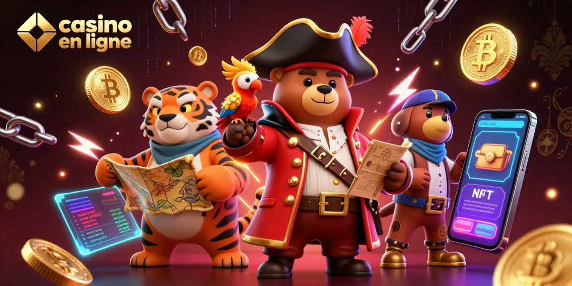 Profitez des jeux au casino en ligne avec notre illustration captivante d'un ours pirate et ses compagnons.